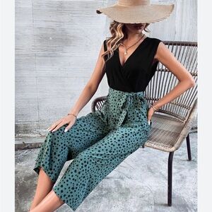 Shein Curve Dalmatian Wide Leg Belted Jumpsuit Size XL